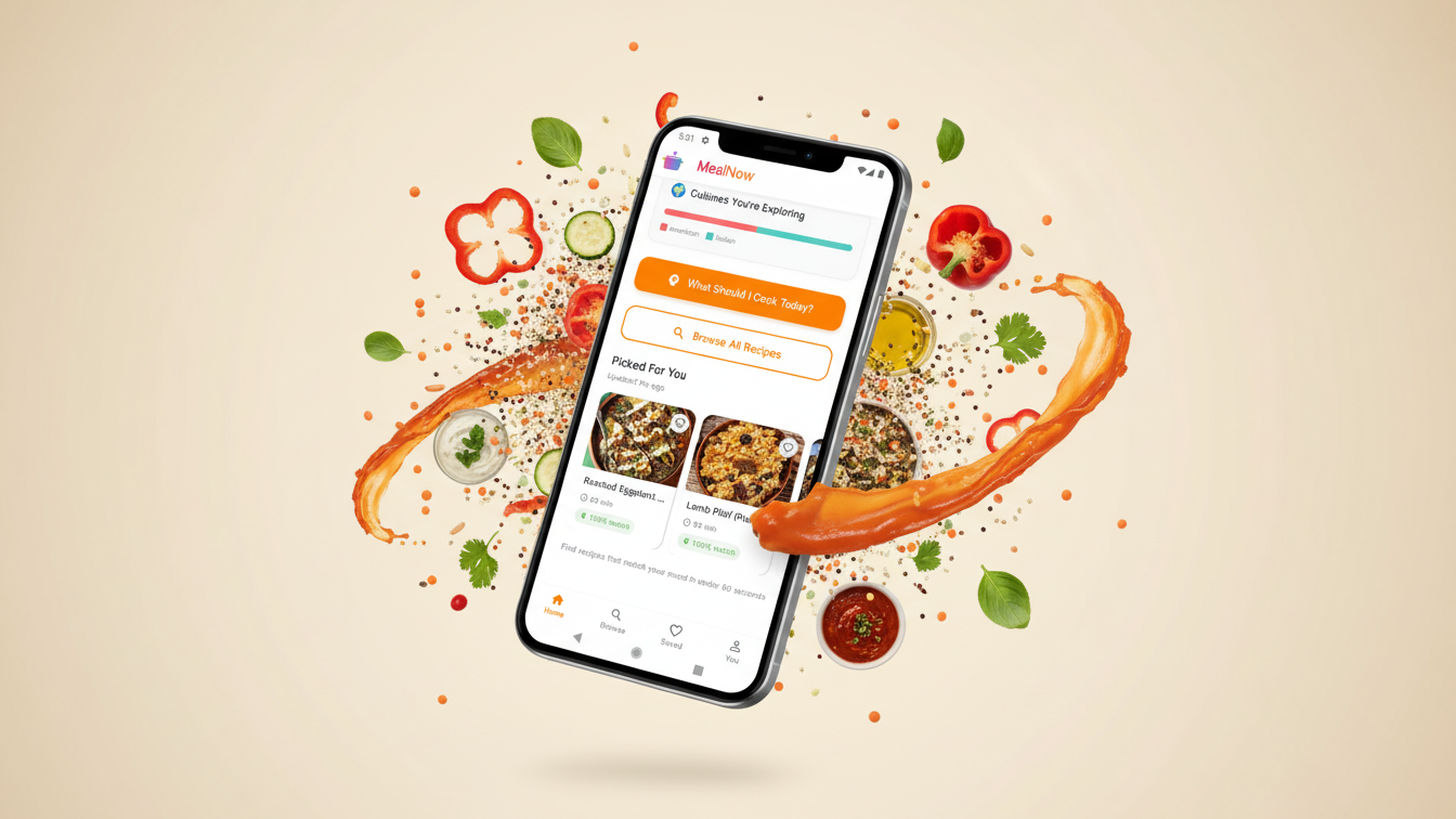 MealNow app shown on a phone with a splash of orange sauce and fresh ingredients around it