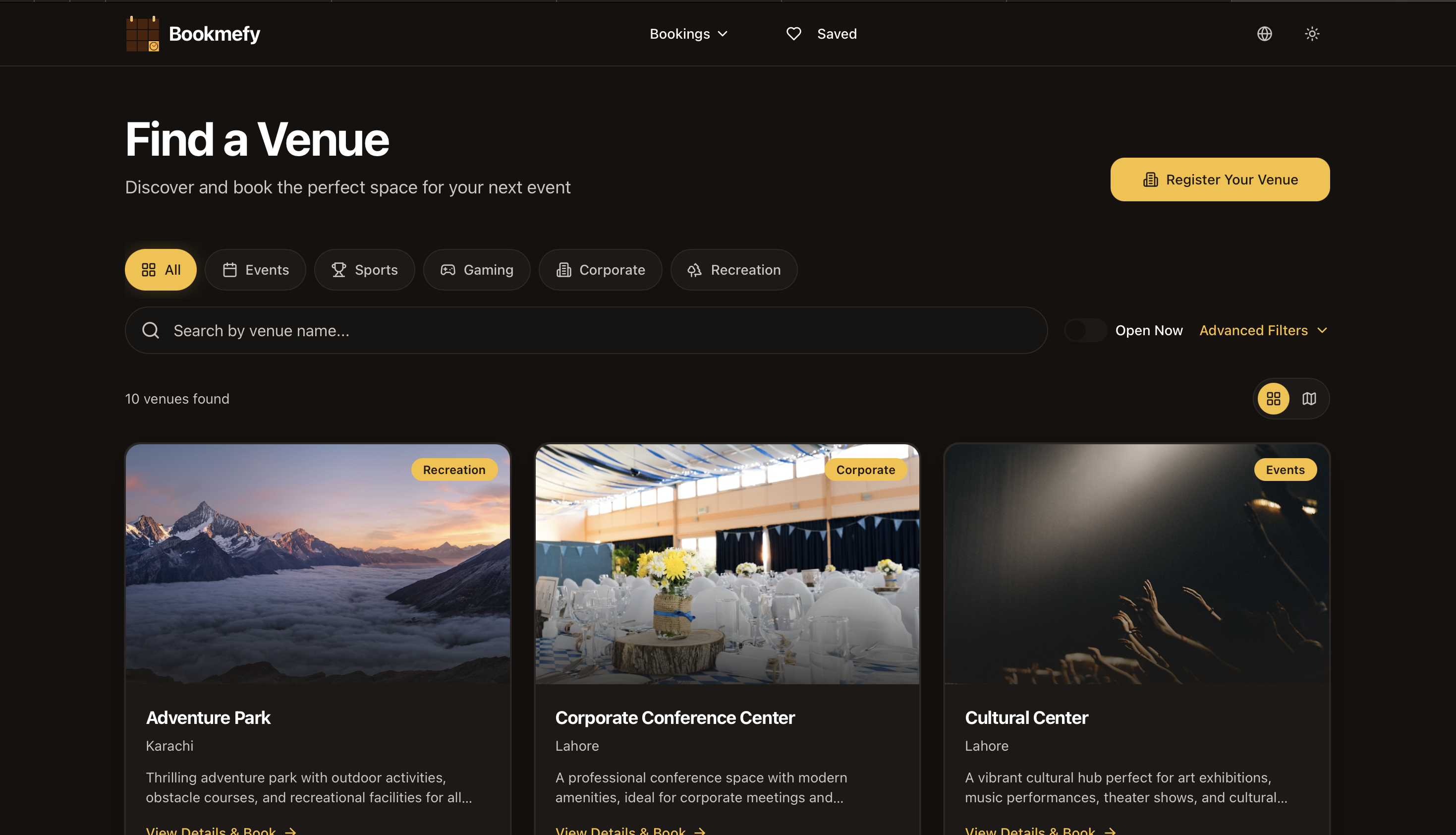 Bookmefy venue booking dashboard preview